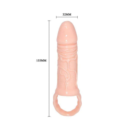 Penis extended sleeve with testicle ring, measures 155mm in length and 32mm in width, designed for enhanced stimulation.