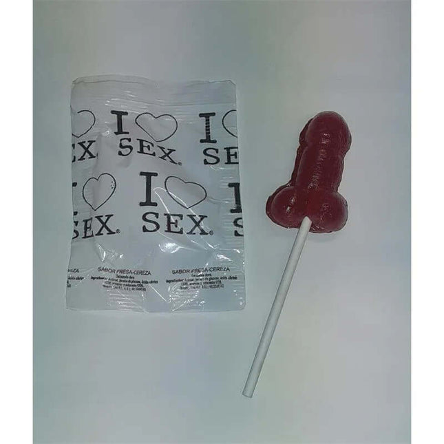 Penis Lollipop Strawberry and Cherry next to novelty wrapper with text 'I Love Sex'
