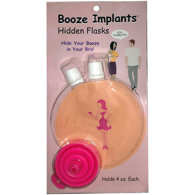 Booze Implants hidden flasks packaging with woman illustration and humorous slogan