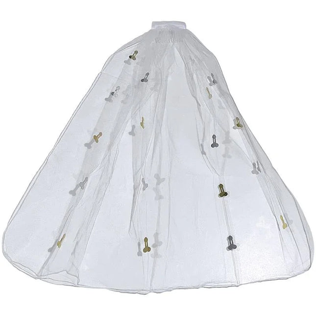 White wedding veil with small metallic penis-shaped embellishments scattered throughout the fabric.