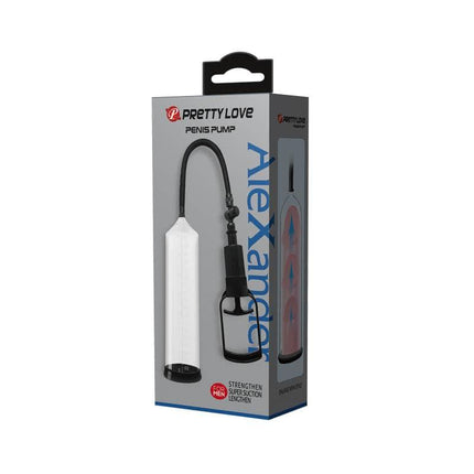 Packaging of Penis Pump Alexander 20 cm showing vacuum device with transparent tube for stronger erections.