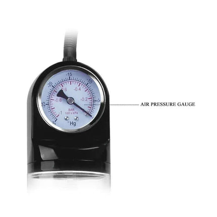 Close-up of air pressure gauge on Penis Pump Alexander 29 cm for precise monitoring during use.
