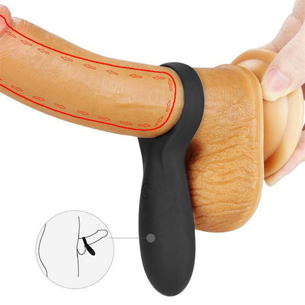 Black Penis Ring iJoy Stamina Ring USB with clitoral stimulator in use illustration from Lovetoy's premium iJoy collection.