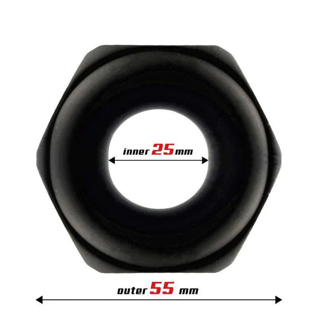 Penis Ring Nut Liquid Silicone 25 mm with hexagonal shape for enhanced sensation and grip, shown with 25 mm inner diameter.