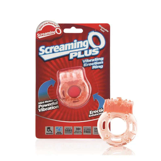 Penis Ring Orange by Screaming O Plus in packaging with ring displayed in front, designed for enhanced couples pleasure with clitoral stimulation.