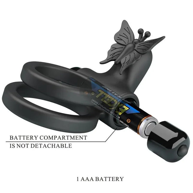 Penis Ring Passionate Ring IX with Vibration featuring a dual-ring design and butterfly detail, shown with battery compartment.