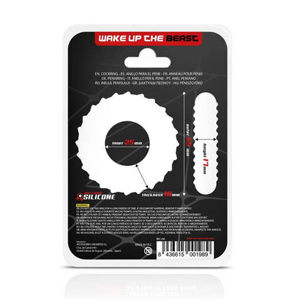 Product packaging for Penis Ring Sawtooth Liquid Silicone 25 mm with measurements and silicone material details.