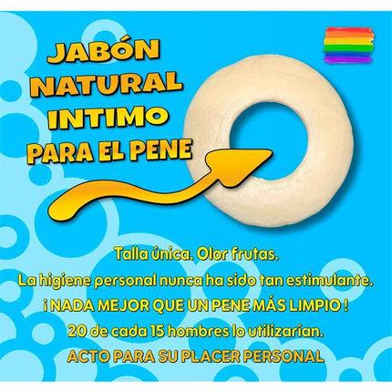 Penis Ring Shaped Soap Orange with blue background and Spanish text promoting intimate hygiene and fruity scent.