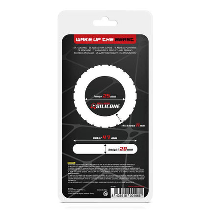 Packaging for Penis Ring Turbine Liquid Silicone 25 mm, showing measurements and material details for the silicone penis ring.