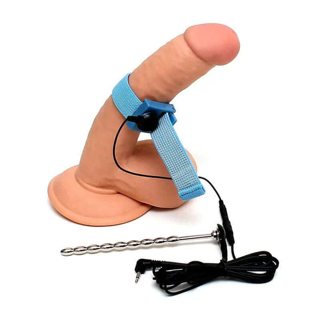Penis Ring/Strap and Urethral Dilator Electro Stimulation set for adult pleasure, featuring elastic ring and metal dilator with cables.