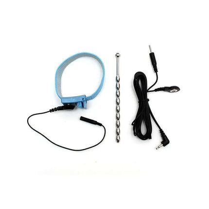 Penis Ring/Strap and Urethral Dilator Electro Stimulation set with cables on white background.
