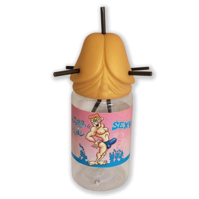 Penis-Shaped Baby Bottle 5 Straws Gold Edition, fun and playful party accessory with cartoon design, perfect for bachelor parties.
