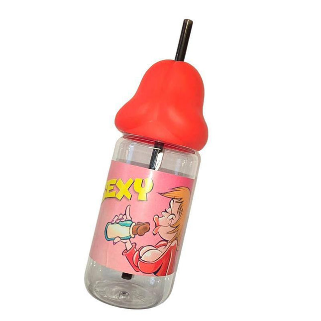 Penis Shaped Baby Bottle Red 360ml with cartoon design, novelty party accessory for playful celebrations, humorously themed drinkware.