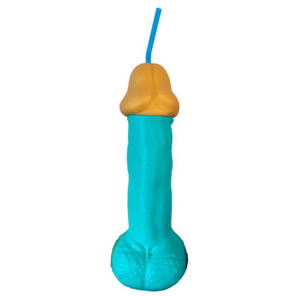 Blue 500 ml Penis-shaped cup, durable novelty for parties and celebrations, featuring bold design in hard plastic with straw.