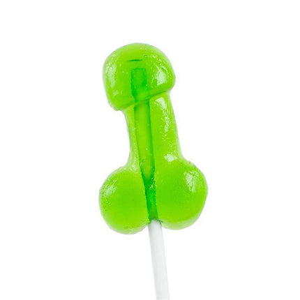 Penis Shaped Lollipop Caipirinha Flavor with Alcohol in bright green color on a white stick, novelty candy treat.