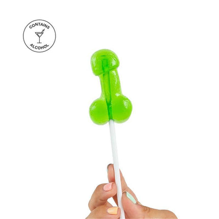 Penis Shaped Lollipop Caipirinha Flavor with Alcohol held in hand, green color, novelty candy with pineapple and gin hints.