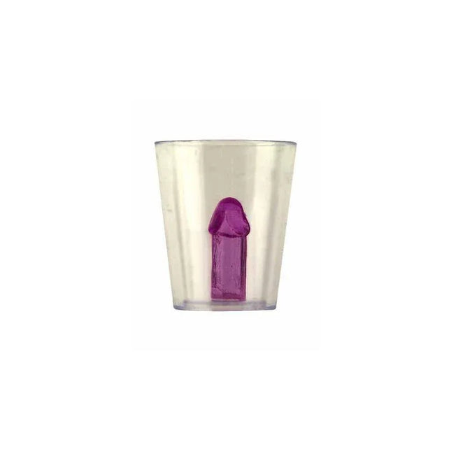 Purple penis-shaped shot glass, part of Diablo Picante 2-Pack, ideal for bold and cheeky adult events. Product focus: penis-shaped shot glasses 2 units.