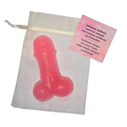 Pink penis shaped soap 25gr in organza bag with oceanic scent, novelty gift for adults, playful personal care product.