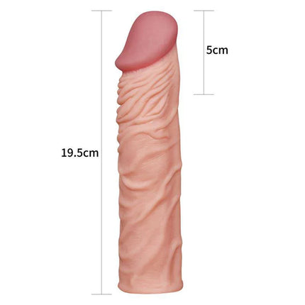 Penis Sleeve Add 2 Pleasure X Tender Flesh with realistic texture, dimensions 19.5cm x 5cm, for enhanced sensation and comfort.