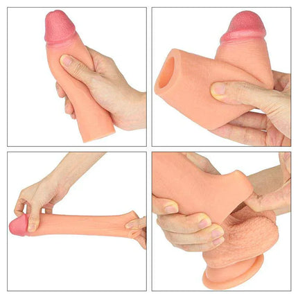 Four images showing the realistic design and flexibility of Penis Sleeve Extender Add 1 by LoveToy, enhancing pleasure and sensations.