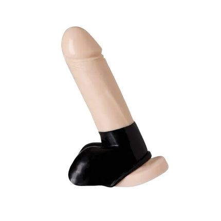 Penis Sleeve Latex in black, one-size fits all, designed to envelop testicles for enhanced sensation and snug fit.