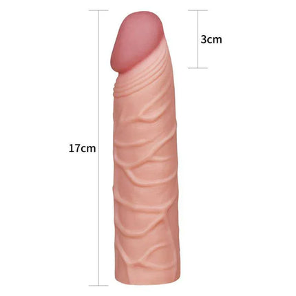 Penis Sleeve Pleasure X Tender Flesh with realistic design and veined shaft, 17cm long and 3cm wide, for enhanced stimulation.