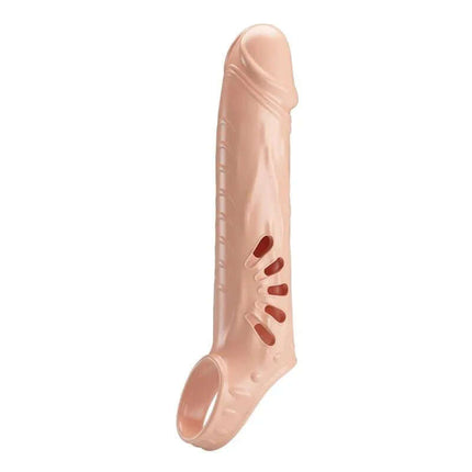 Penis Sleeve with Extension featuring realistic texture, testicle ring, and customizable length for a comfortable fit during intimate moments.