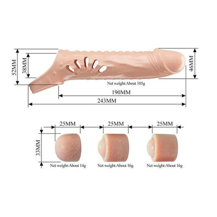 Penis Sleeve with Extension product featuring realistic texture, customizable length, and waterproof design with dimensions.