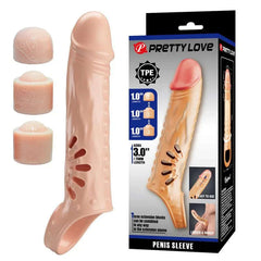 Penis Sleeve with Extension featuring realistic texture, extension blocks, and a testicle ring for enhanced sensation and comfort.