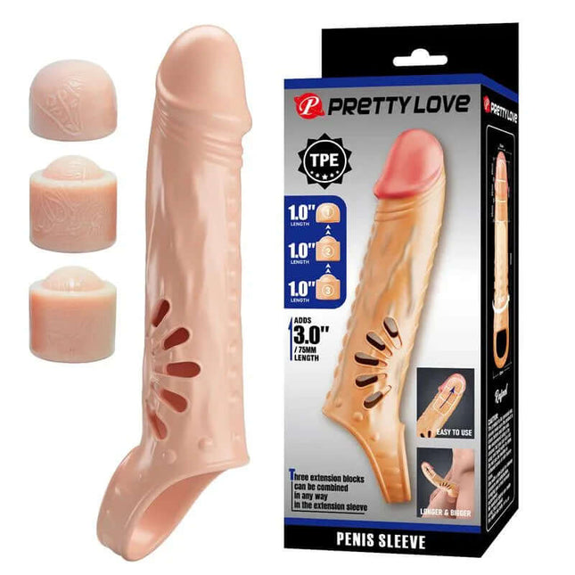 Penis Sleeve with Extension featuring realistic texture, extension blocks, and a testicle ring for enhanced sensation and comfort.