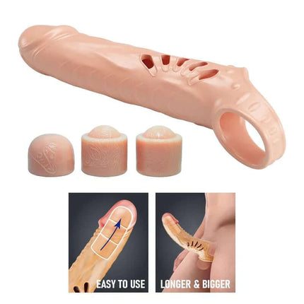 Penis Sleeve with Extension featuring lifelike design and customizable fit for added length and secure comfort.