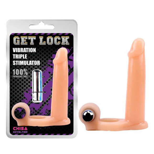 Penis Sleeve with Vibration 15.5 cm Flesh, packaged and displayed upright with details of vibration modes and features.