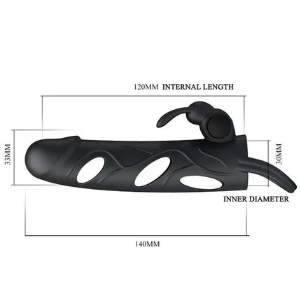 Penis Sleeve with Vibration 5.5 showing measurements and textured silicone design for enhanced stimulation.