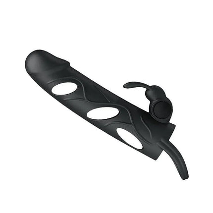 Black Penis Sleeve with Vibration 5.5 featuring textured silicone and built-in vibrating bullet for enhanced stimulation