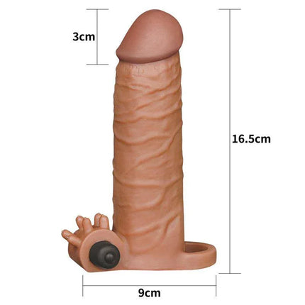 Penis Sleeve with Vibration Add 2 Pleasure X Tender Brown showing dimensions and texture