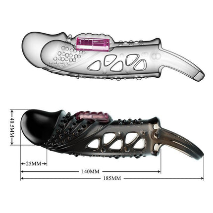 Penis sleeve with vibration Black with measurements, featuring textured design and integrated vibration control for enhanced sensations.