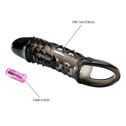 Penis sleeve with vibration Black featuring TPR material and vibration bullet for enhanced stimulation.