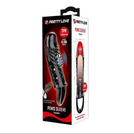 Penis sleeve with vibration Black in packaging, featuring added length and girth for enhanced intimacy and stimulation for couples.