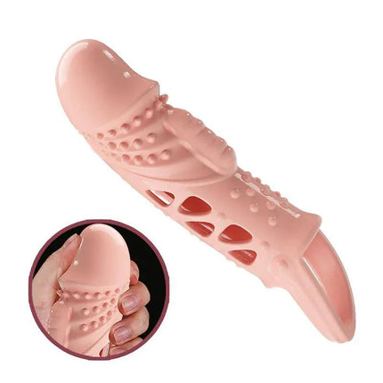 Penis sleeve with vibration showing elastic design and textural details for pleasure enhancement.
