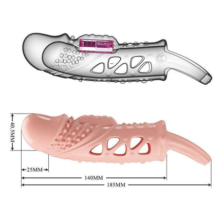 Diagram of penis sleeve with vibration, showing dimensions and features for enhanced pleasure and fit.