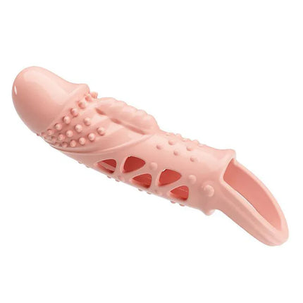 Penis sleeve with vibration featuring textured surface for enhanced pleasure.