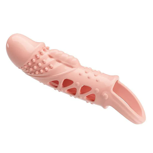 Penis sleeve with vibration featuring textured surface for enhanced pleasure.