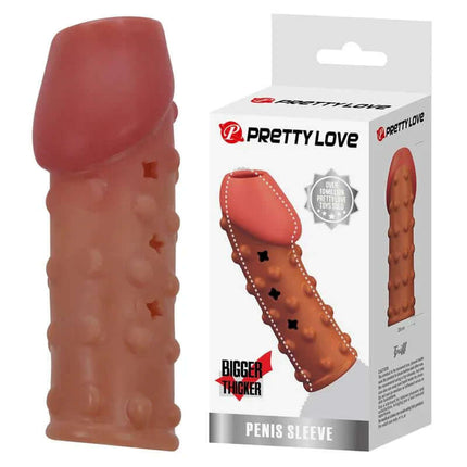 Brown Penis Sleeve with packaging, made from TPE material for comfort and natural fit, featuring a flexible and elastic design.