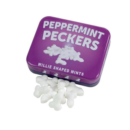 Peppermint Peckers Penis Shape Sugar Free novelty candy in purple tin.
