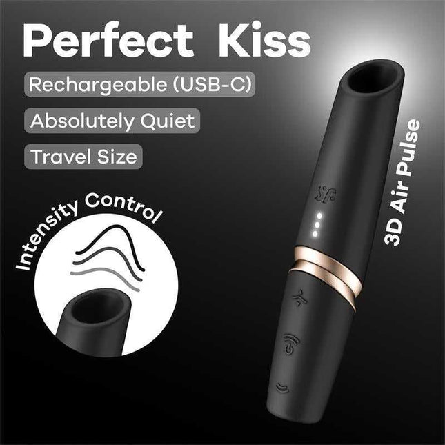 Perfect Kiss Air Pulse Vibrator with black matte finish and gold accents, featuring intensity control for quiet, travel-friendly use.