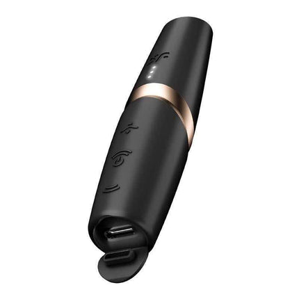 Perfect Kiss Air Pulse Vibrator with black matte finish and gold accents, showing USB charging port and ergonomic design.