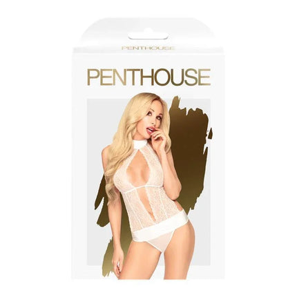 Perfect Lover Teddy White lingerie from Penthouse collection, showcasing semi-sheer lace and floral design for confident femininity.