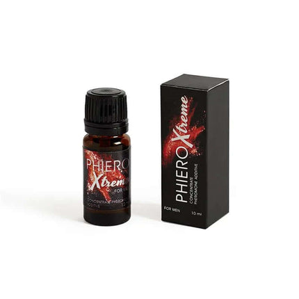 Phiero Xtreme pheromone concentrate bottle and box showing powerful attraction effects for men.