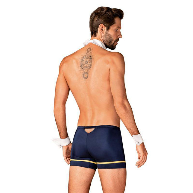 Back view of model wearing Pilotman Set 3 Pcs featuring navy boxers, white cuffs, and collared tie, showcasing pilot-inspired style.