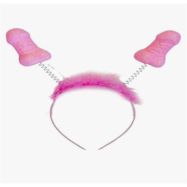 Pink Glitter Headband with Penises featuring whimsical penis-shaped accents and feathers, perfect for adult party celebrations.